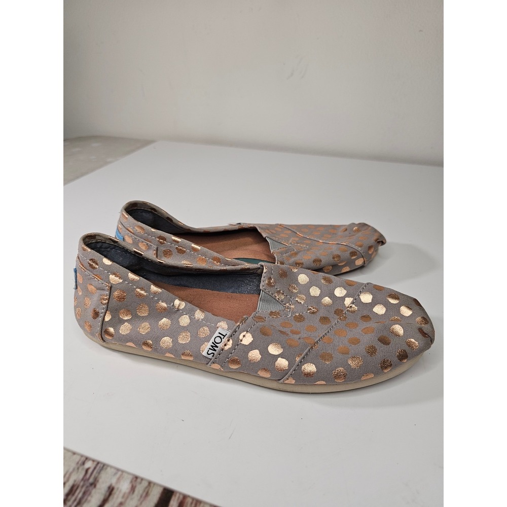 TOMS Womens Classic Grey Canvas Rose Gold Metallic Polka Dot Flats